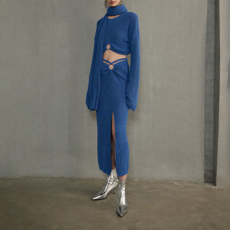 Women's Klein Blue Knitting Autumn Split Scarf Three-piece Suits