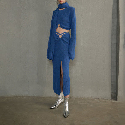 Women's Klein Blue Knitting Autumn Split Scarf Three-piece Suits