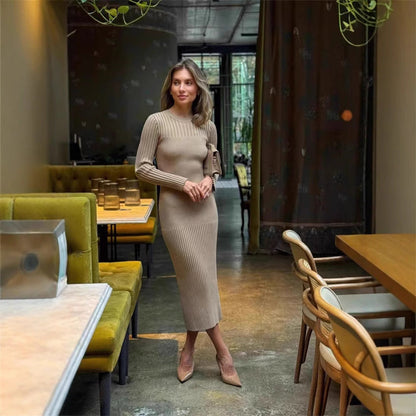 Women's Long Sleeve Dress Knitted Round Neck Sunken Stripe Dresses