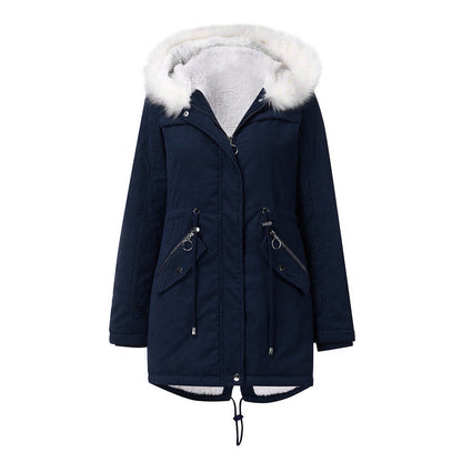Women's Fur Collar Parka Mid-length Hooded Winter Warm Veet Woman Coats