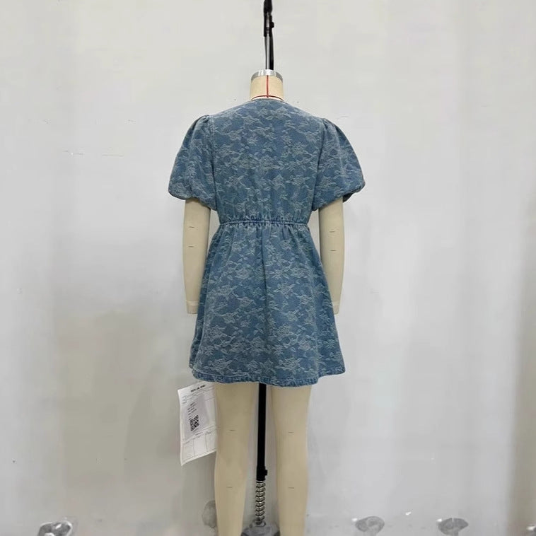 Women's Fashion Sweet Denim Blue Puff Sleeve Design Flower Drawstring Dresses