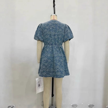 Women's Fashion Sweet Denim Blue Puff Sleeve Design Flower Drawstring Dresses