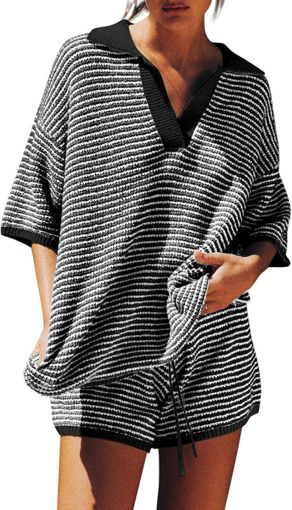 Women's Home Wear Two-piece Large Collar Striped Knitted High Suits
