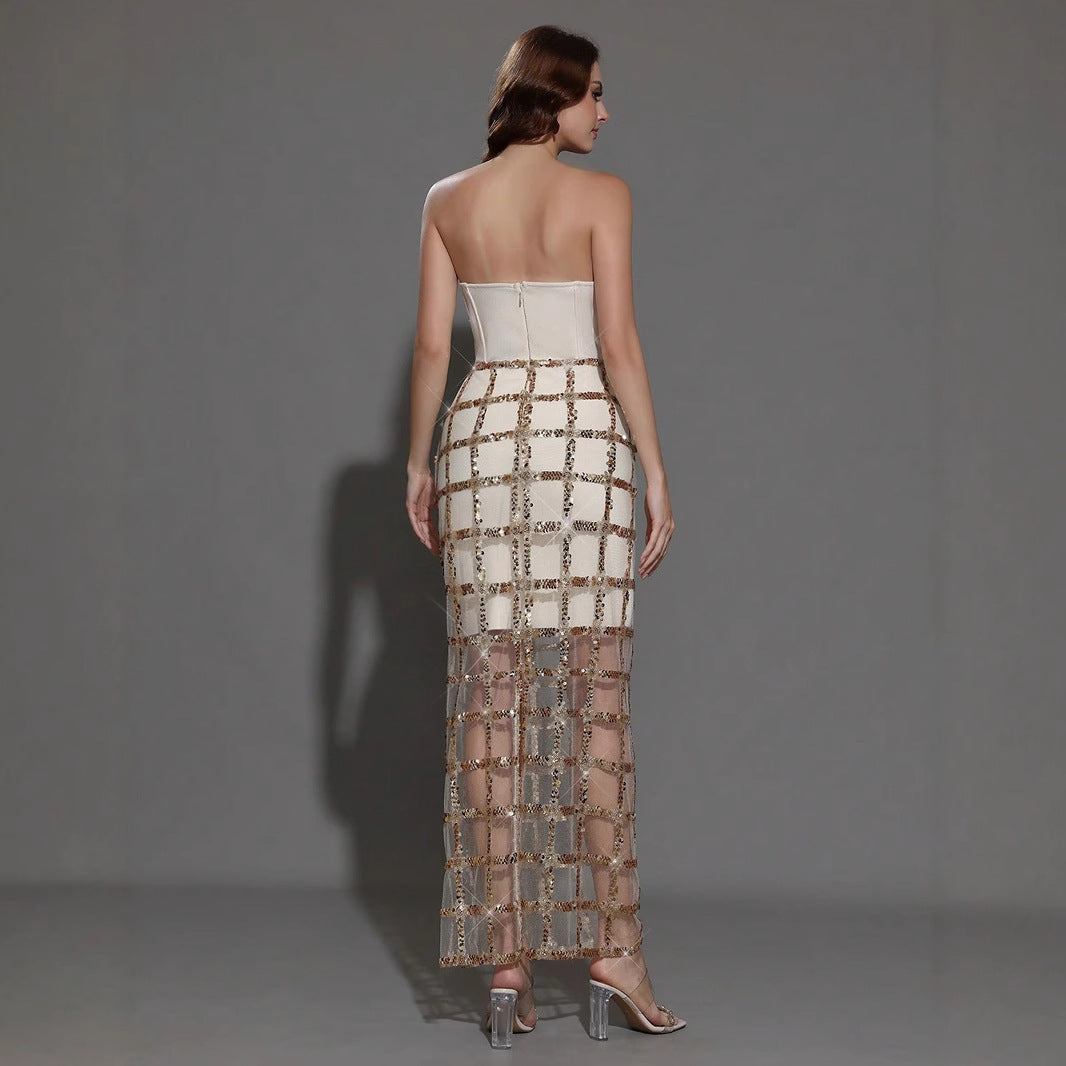 Women's Mesh Bandage Stitching Sexy Tight Maxi Dresses
