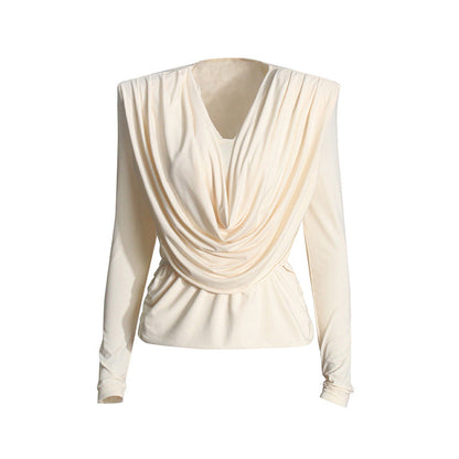 Women's Swing Collar Padded Shoulder Pleating Slim Slimming Blouses