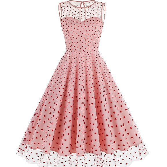 Round Neck Sleeveless Valentine's Day Mesh Embroidered Cherry Dresses