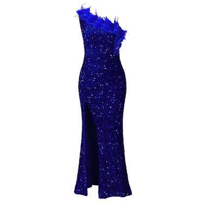 Temperament Diagonal Collar Banquet High Waist Slit Dresses