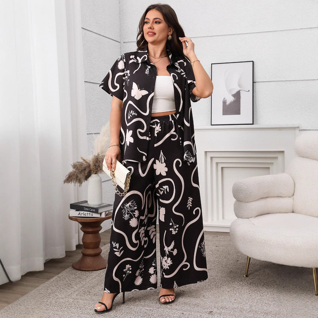 Women's Printed Loose Sleeve Wide Leg Suits