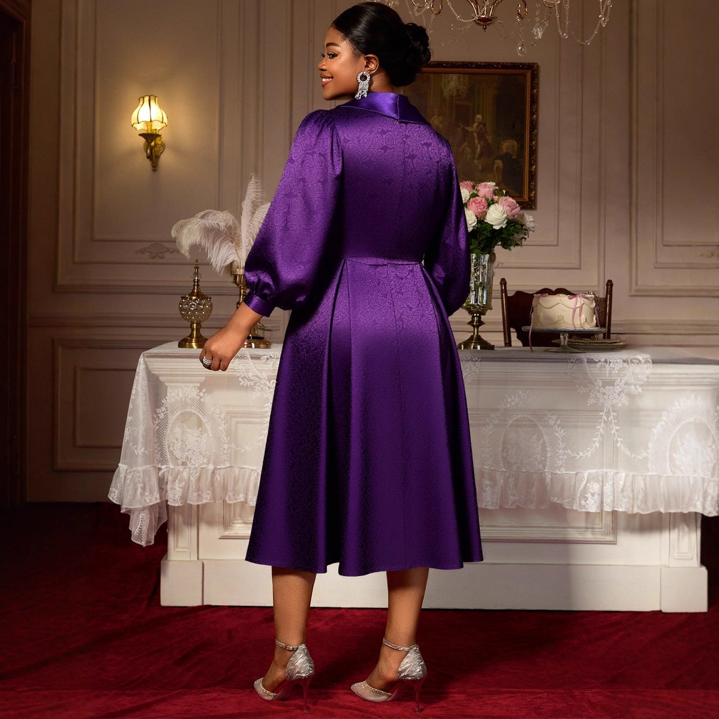 Women's Satin Jacquard Lantern Long Sleeve Swing Dresses