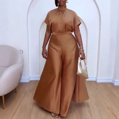 Silky Strap Flounced Sleeve Wide Leg Suits