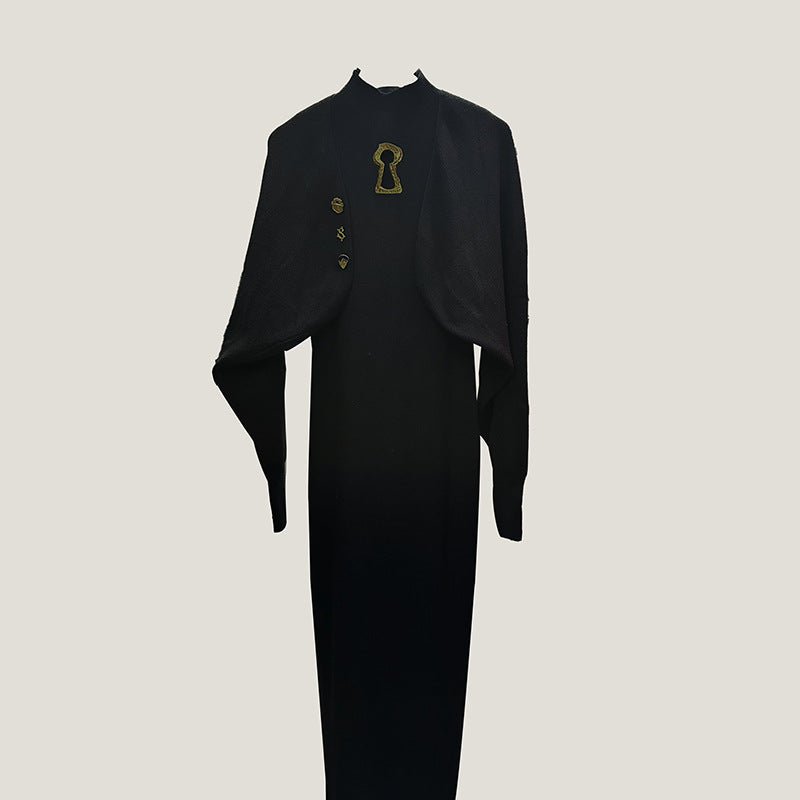Women's Elegant Metal Decorative Batwing Sleeve Knitted Elastic Long Dresses