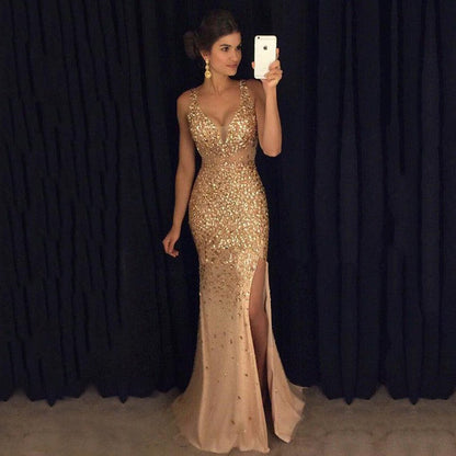 Women's Spring Split Gold Dress Long Wedding Dresses