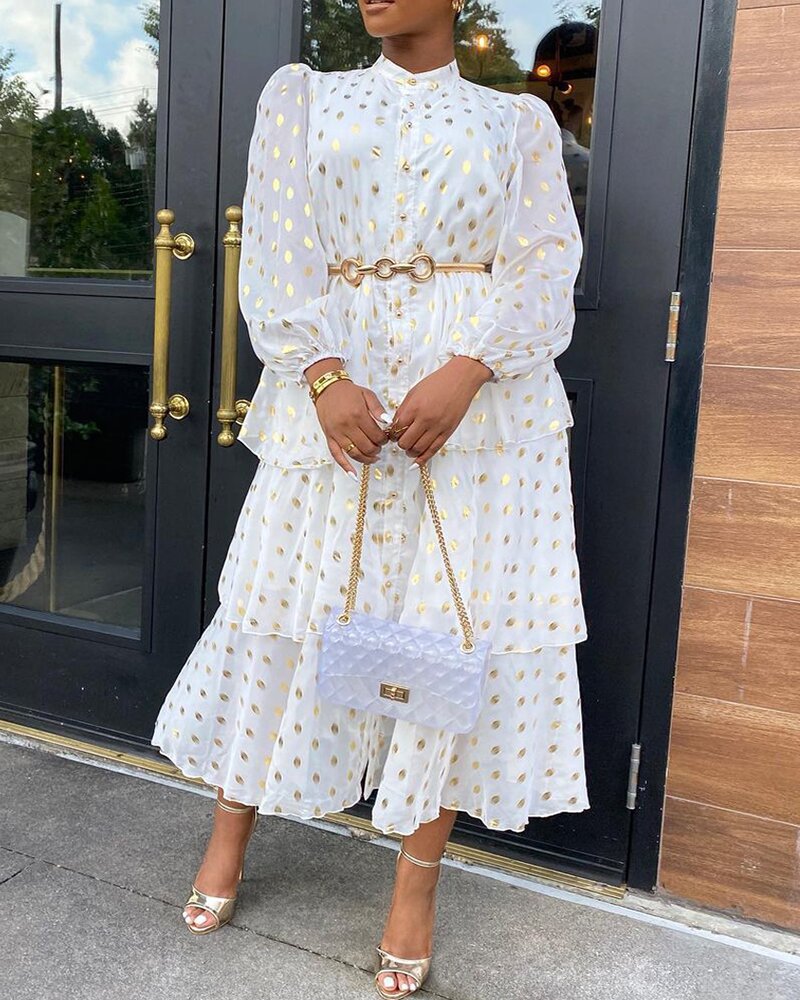 Women's Long Golden Printing Loose Waist Temperament Dresses