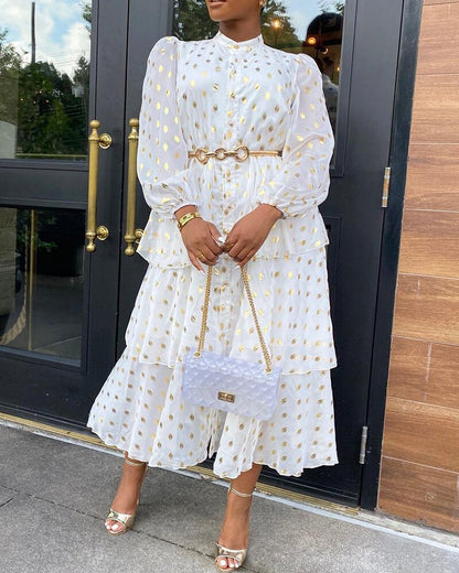 Women's Long Golden Printing Loose Waist Temperament Dresses