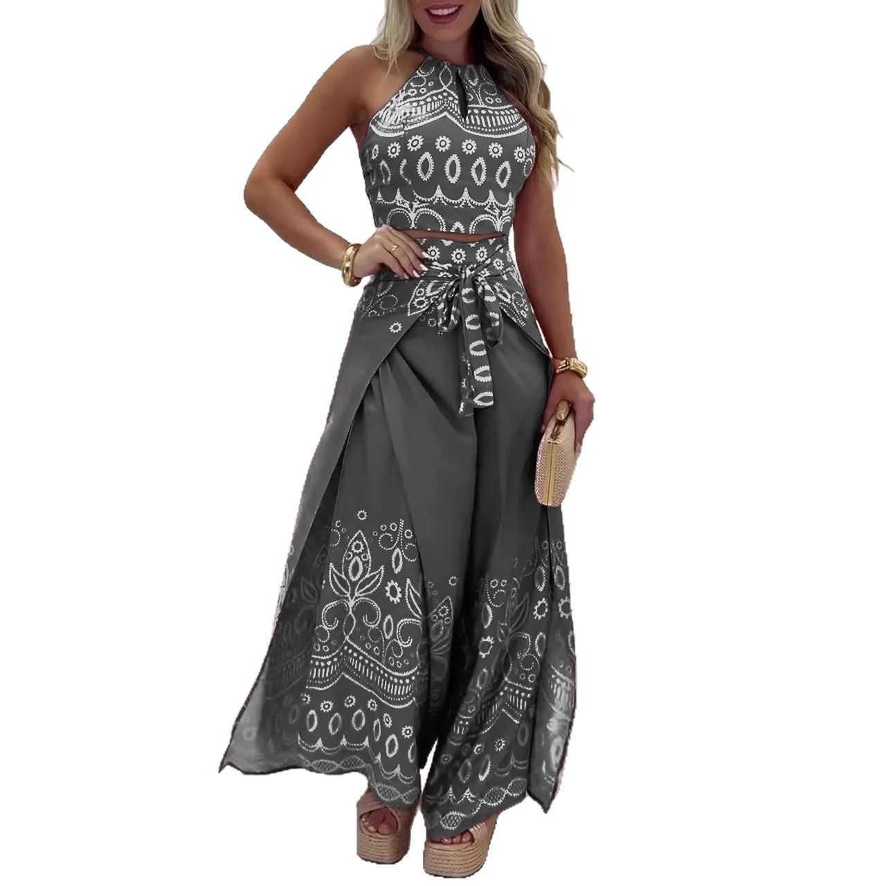 Women's Summer Retro Ethnic Style Halter Wide Suits