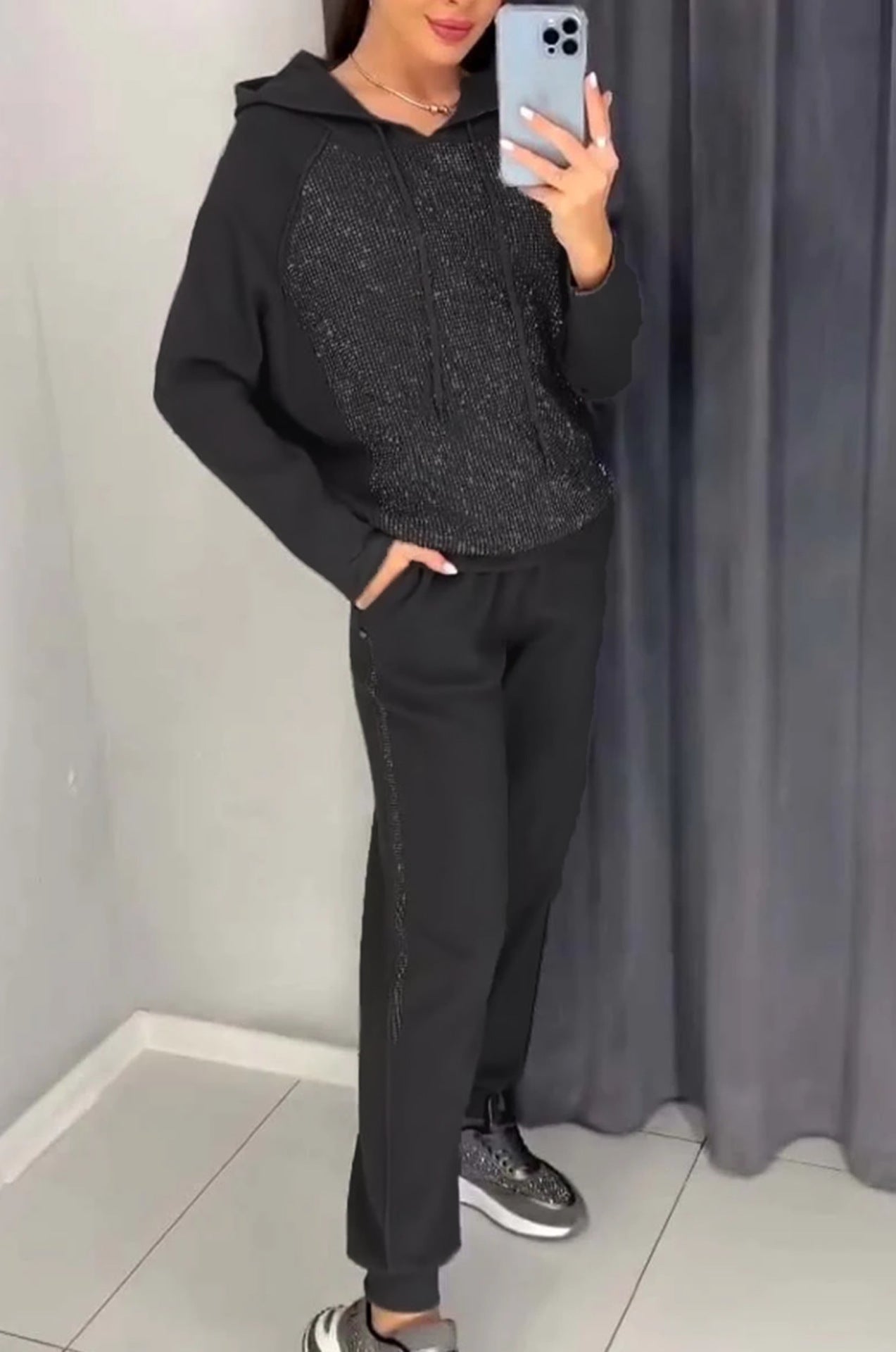 Women's Fashion Casual Hooded Rhinestone Belt Pocket Suits