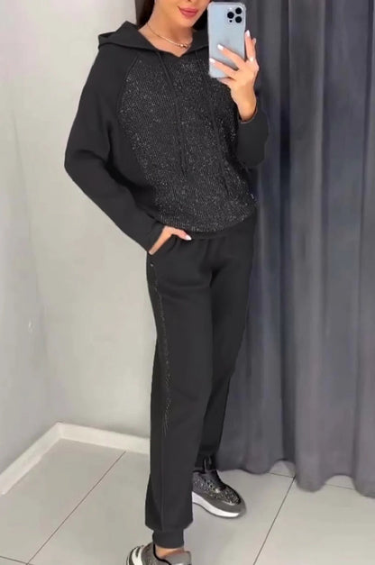 Women's Fashion Casual Hooded Rhinestone Belt Pocket Suits