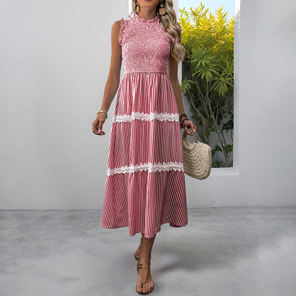 Women's Sleeveless Long Jumper Dress Smocking Striped Dresses