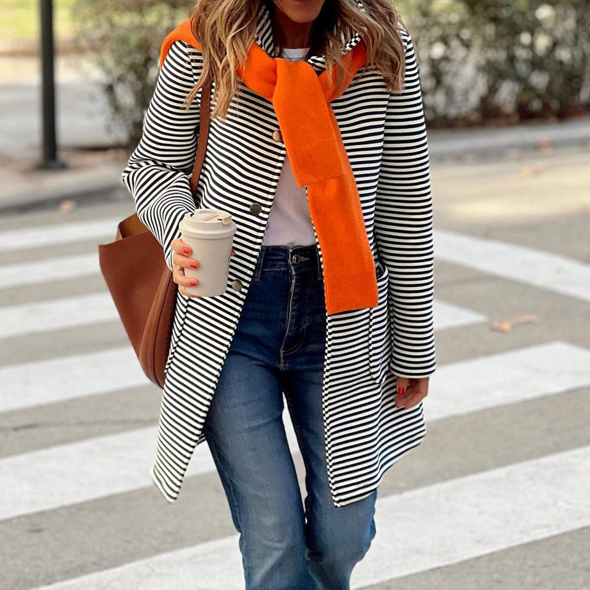 Women's Elegant Striped Hooded Knitted Long-sleeved Coats