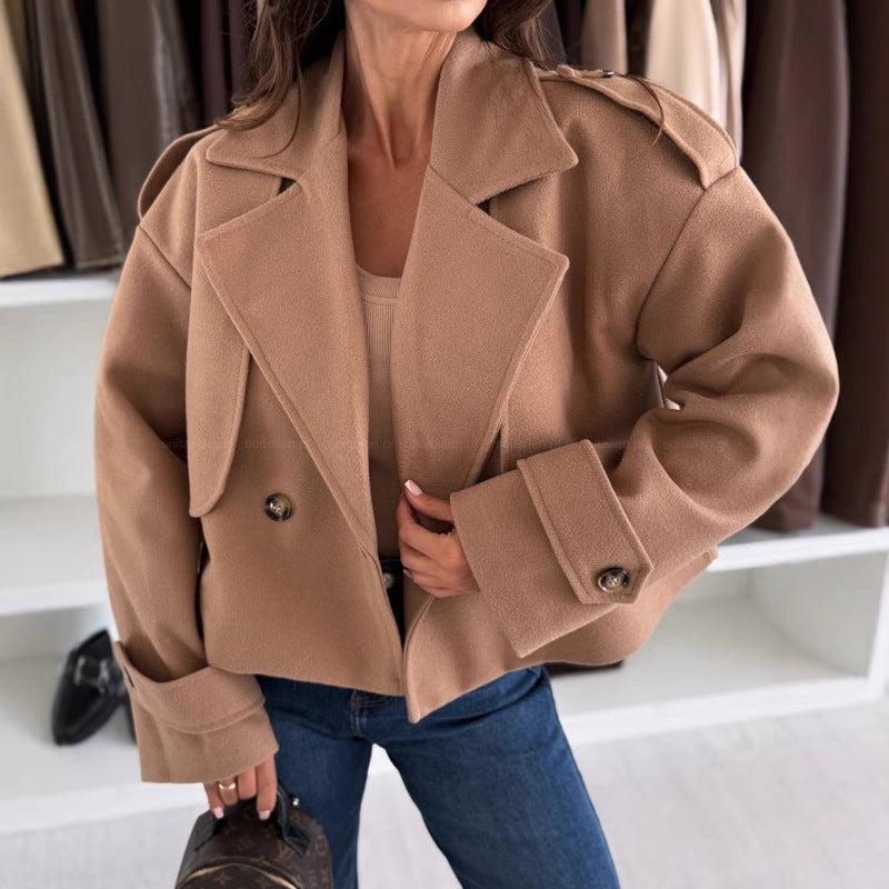 Women's Fashionable Collar Solid Color Woolen For Coats