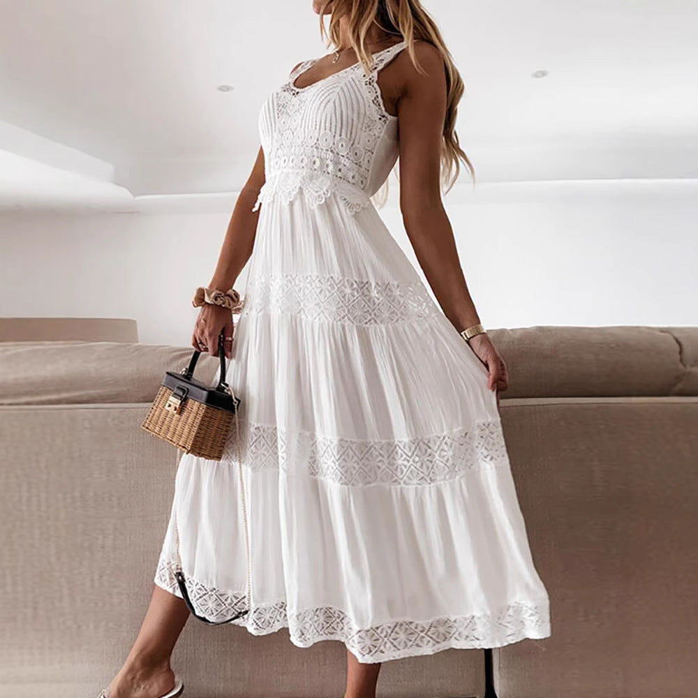 Lace High Waist Curved Slit Temperament Commute Dresses