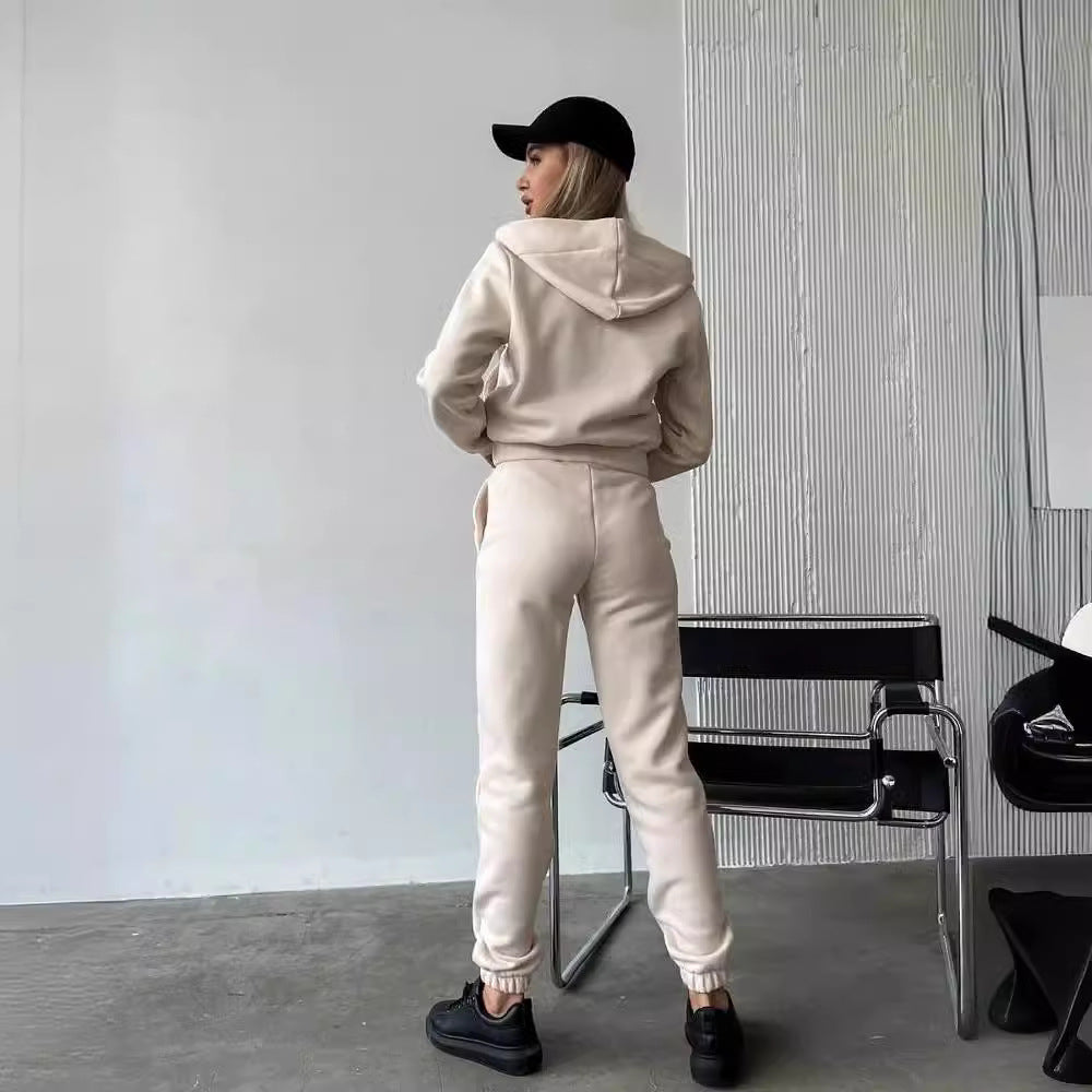 Women's Fleece-lined Long-sleeved Hooded Zipper Trousers Suits