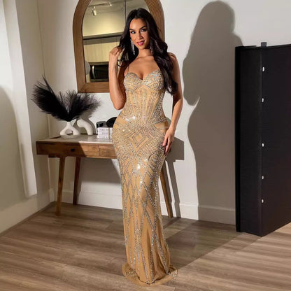 Sexy Fashion Sleeveless Rhinestone Sling Backless Dresses