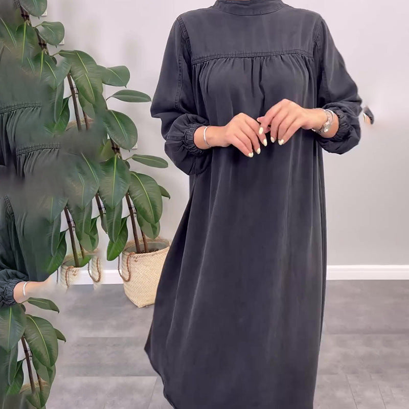 Round Neck Solid Color Loose Casual Long Dresses