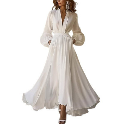 Women's Long Sleeve Solid Color Pleated Belt Dresses