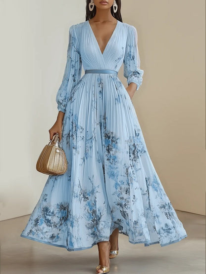 Women's Digital Printed Collar Long Sleeve Pleated Dresses