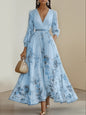 Women's Digital Printed Collar Long Sleeve Pleated Dresses