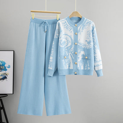 Women's Fashion Two-piece Printed Metal Buckle Knitted Suits