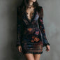 Floral Print Collar Veet Tight Mini Dresses