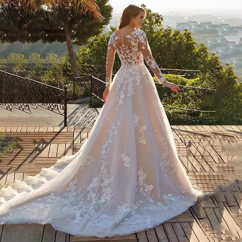 White Bridal Dress Long-sleeved Tight Waist Wedding Dresses