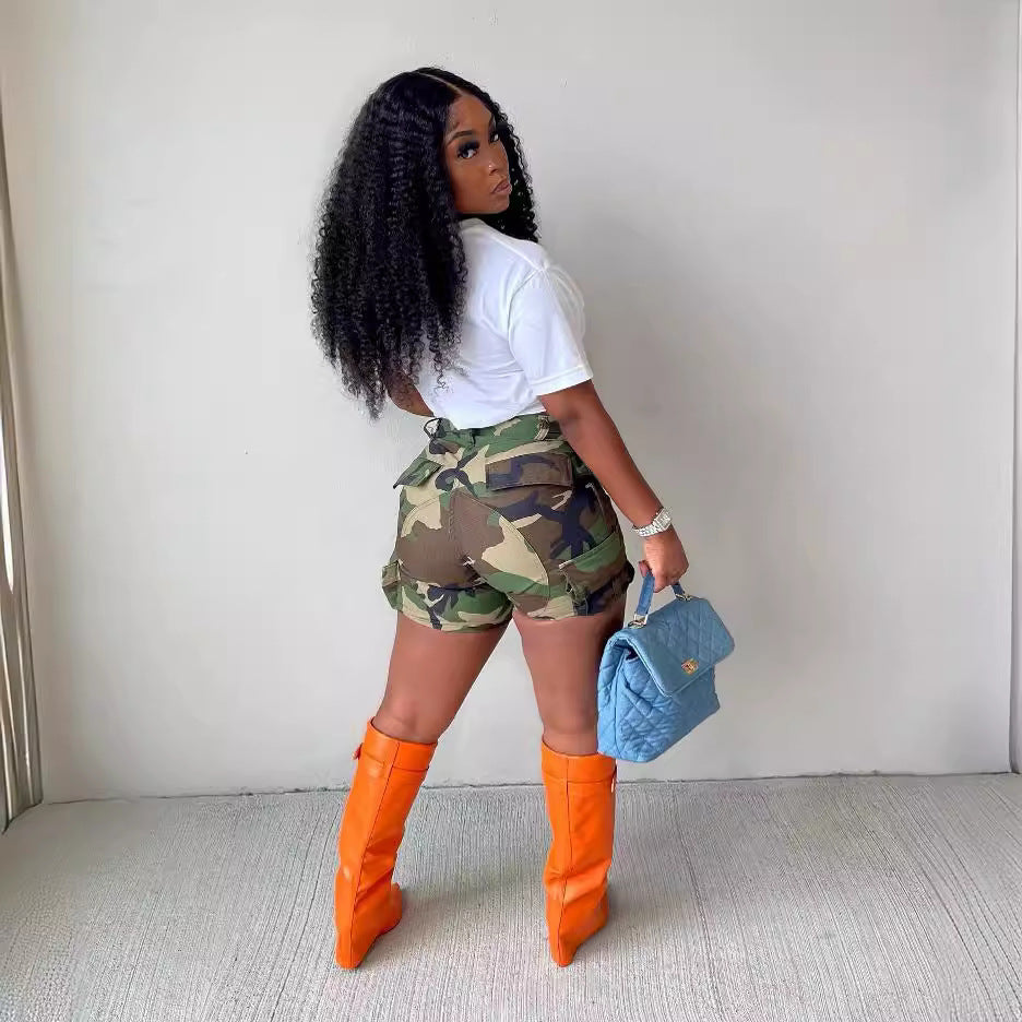 Women's Summer Camouflage Printing Paste Bag Stitching Shorts