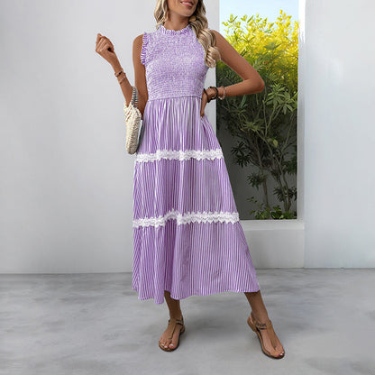Women's Sleeveless Long Jumper Dress Smocking Striped Dresses