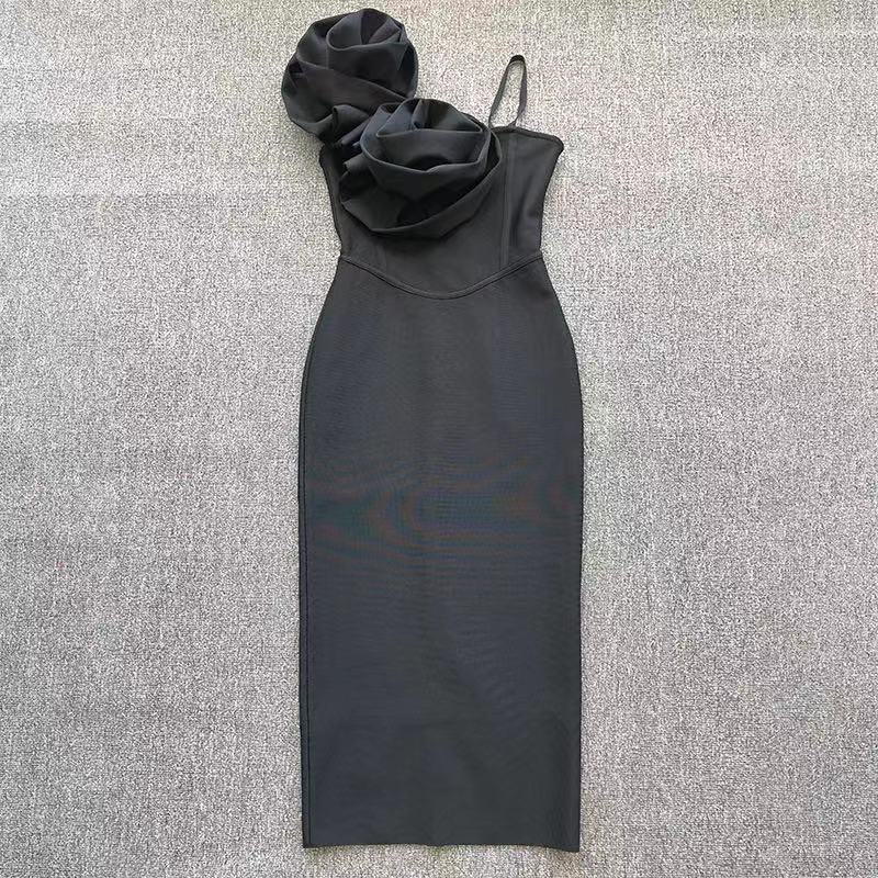 Red Flower Backless Slim Mid-length Bandage Dresses