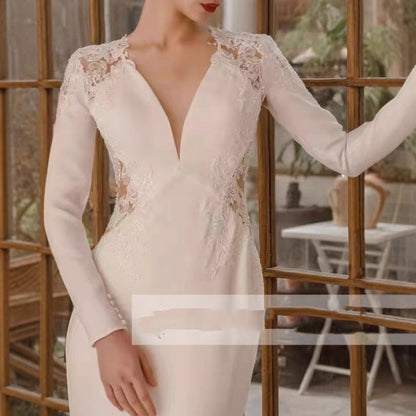 Neck Lace Long Sleeve Satin Slim Wedding Dresses