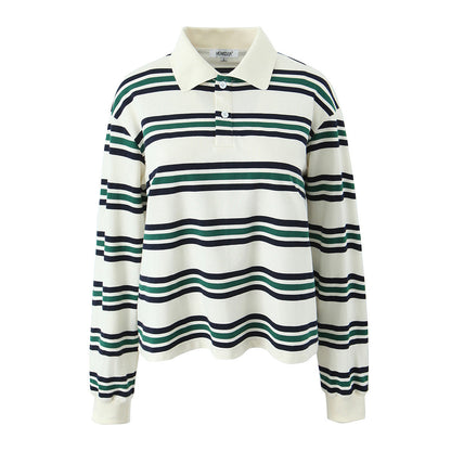 Women's Lapel Loose Casual Striped Long-sleeved T-shirt Blouses