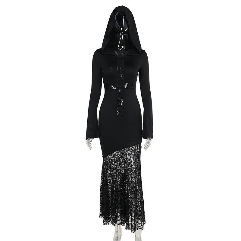 Women's Lace Cross Hollow Out Stitching Long Sleeve Dresses