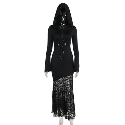 Women's Lace Cross Hollow Out Stitching Long Sleeve Dresses