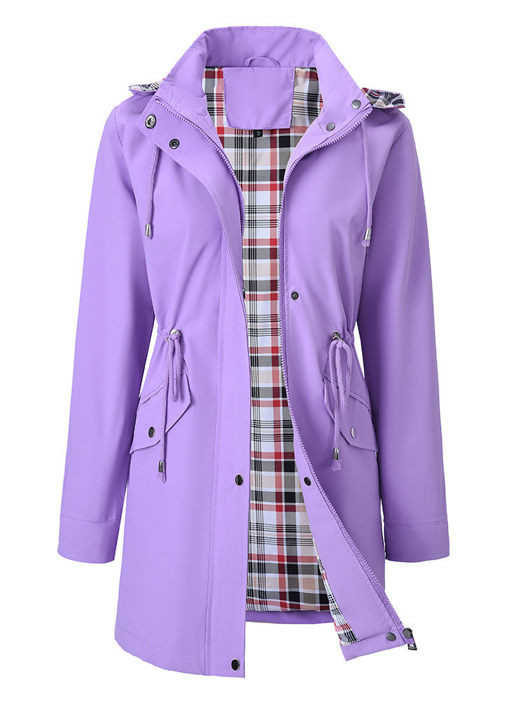 Women's Hooded Drawstring Plaid Lined Trench Coats