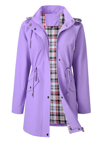 Women's Hooded Drawstring Plaid Lined Trench Coats