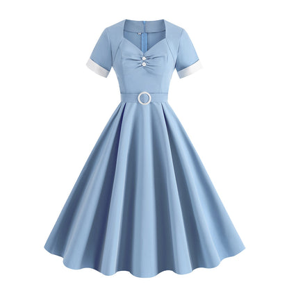 Hepburn Style Retro Square Collar Sleeve High Waist Dresses