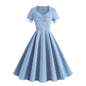 Hepburn Style Retro Square Collar Sleeve High Waist Dresses