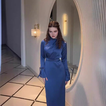 Lace Up Bow Long Sleeve Satin Dresses