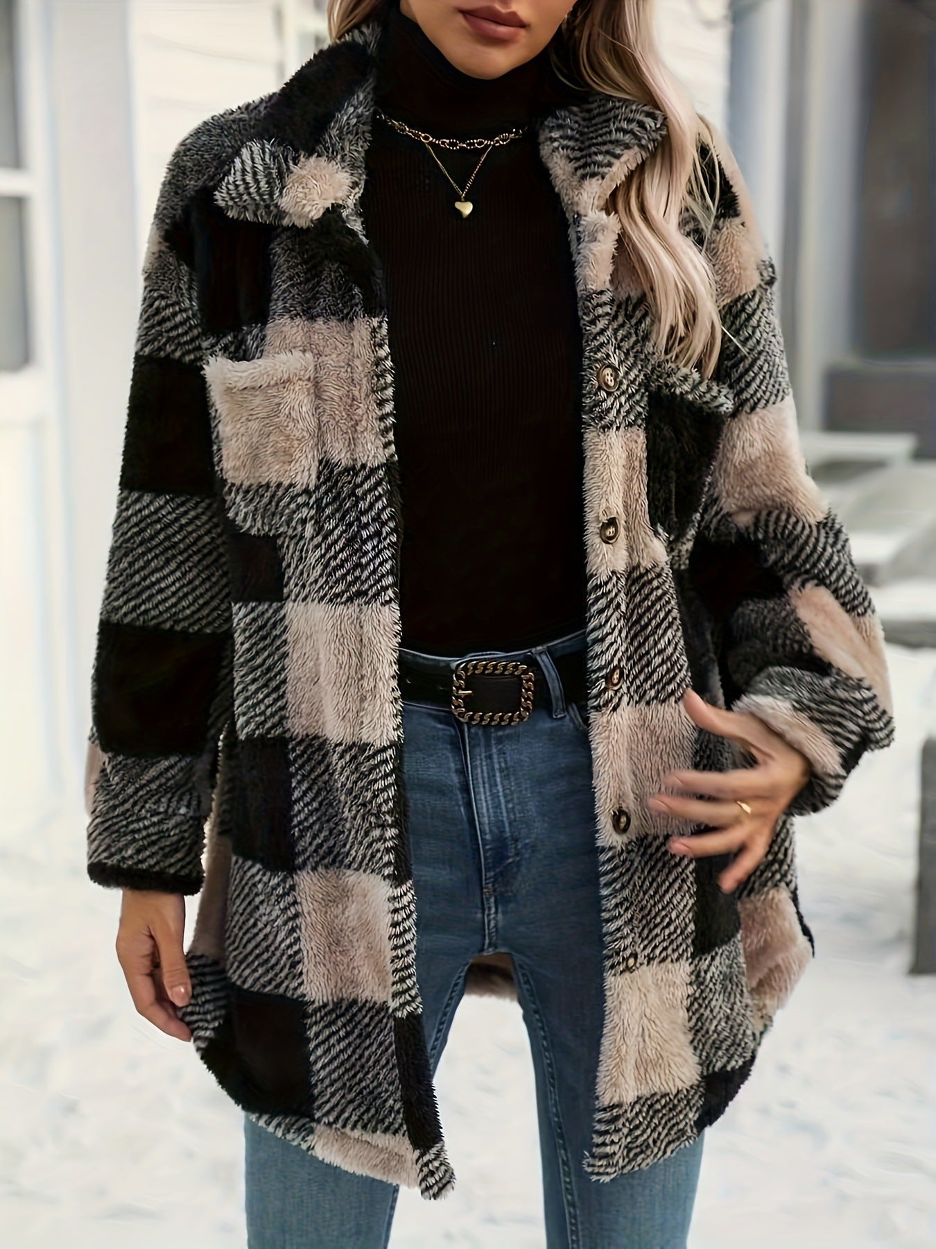 Women's Long Sleeve Double Pocket Plaid Fur Coats