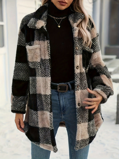 Women's Long Sleeve Double Pocket Plaid Fur Coats