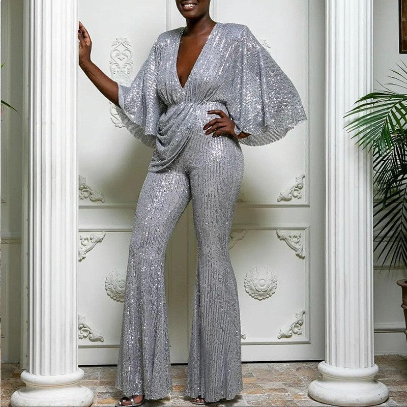 Women's Versatile Sequined Deep Backless Trousers Jumpsuits