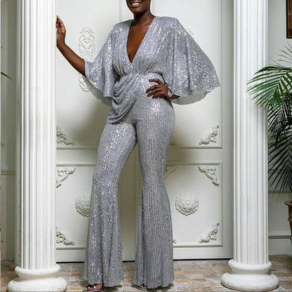 Women's Versatile Sequined Deep Backless Trousers Jumpsuits